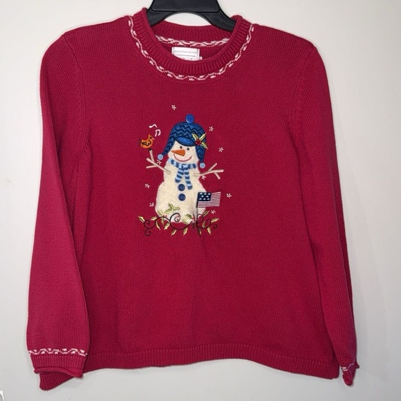 Christopher & Banks Embroidered Snowman Christmas Sweater vintage 1x red - Picture 1 of 5